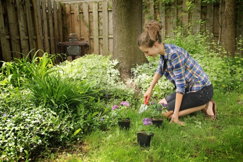 Clear and tidy landscaping site with tools stored safely